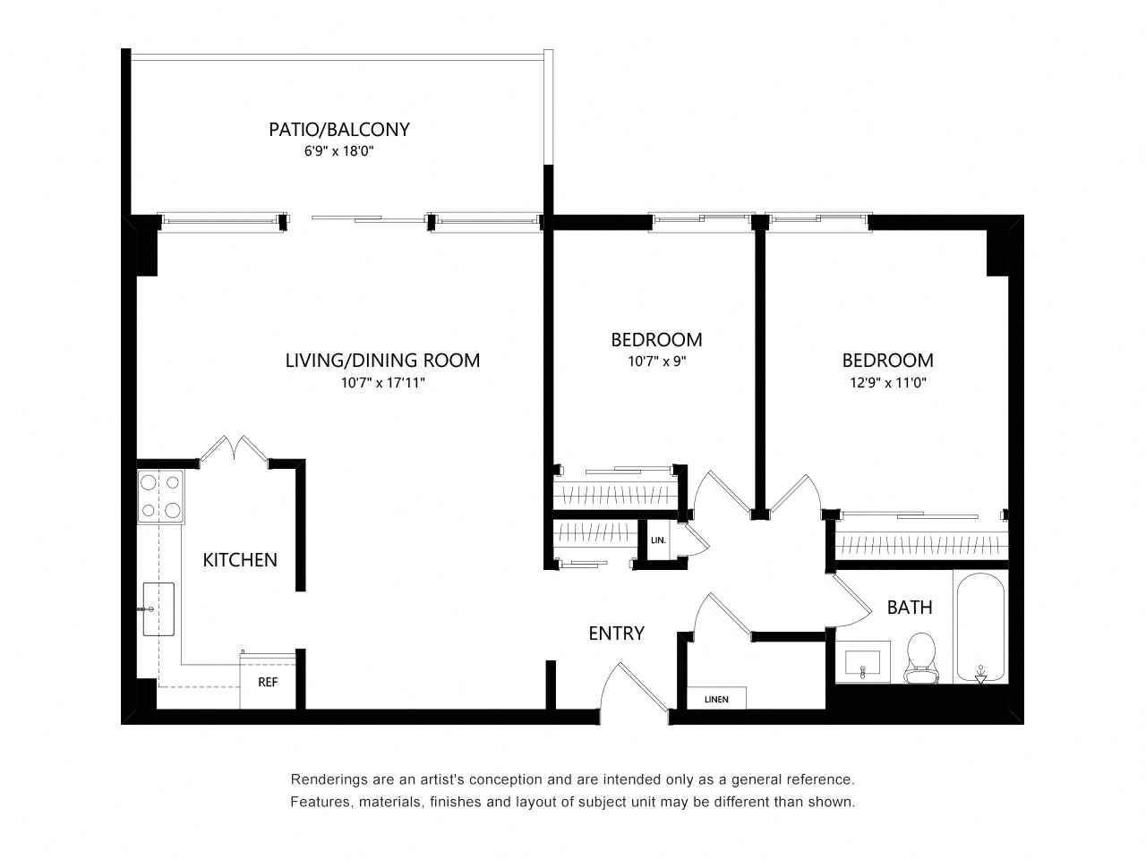 Floor plan for 2 beds, 1 bath, 896 sqft